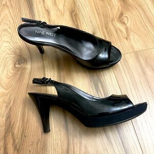 NINE WEST Sharina Open Toe Sling Back Sandal 5.5M Black Patent Pump 3” Heel